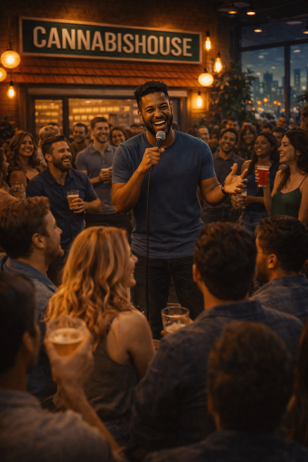Live comedian performing at a packed Cannabis House cannabis party in Los Angeles — bringing local comedy and cannabis culture together near USC
