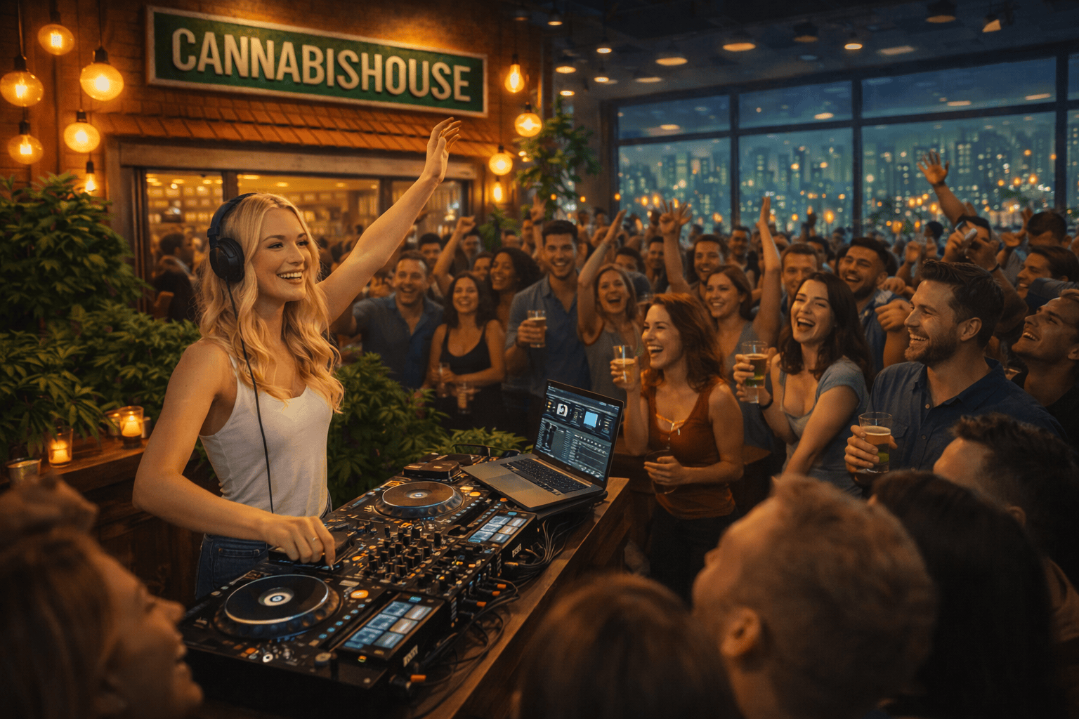 Live DJ performing at a packed Cannabis House cannabis party in Los Angeles — the best cannabis events and entertainment near USC