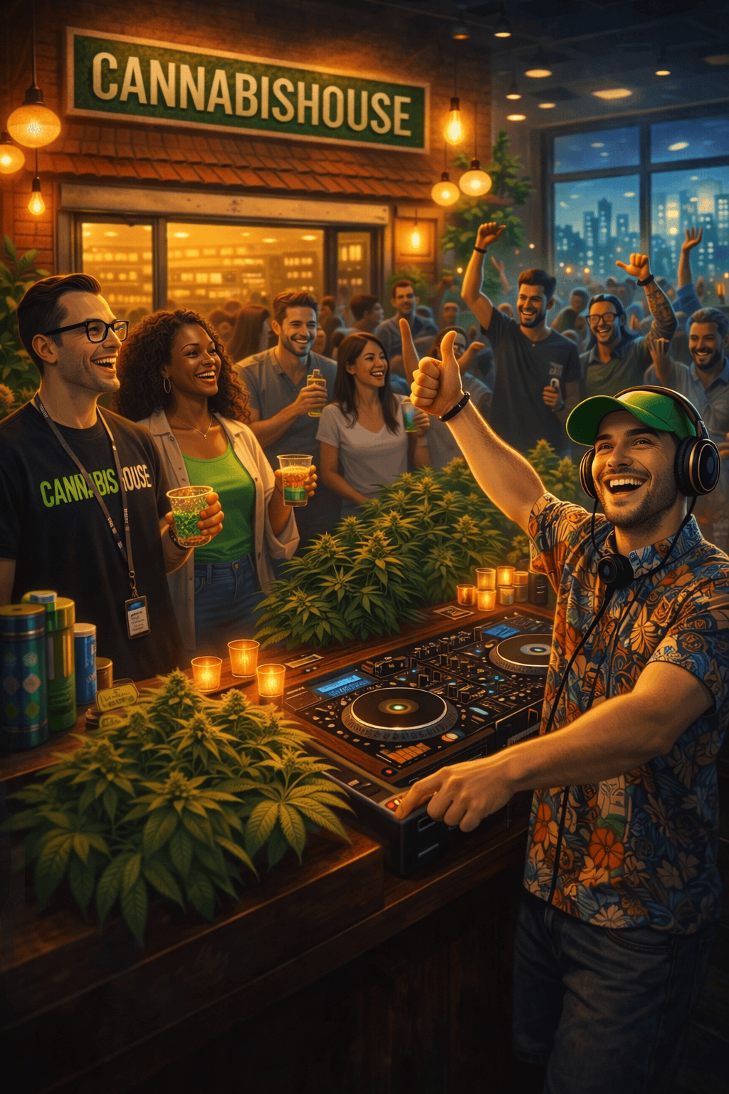 DJ performing live at a packed Cannabis House cannabis party in Los Angeles — live local music and cannabis culture near USC