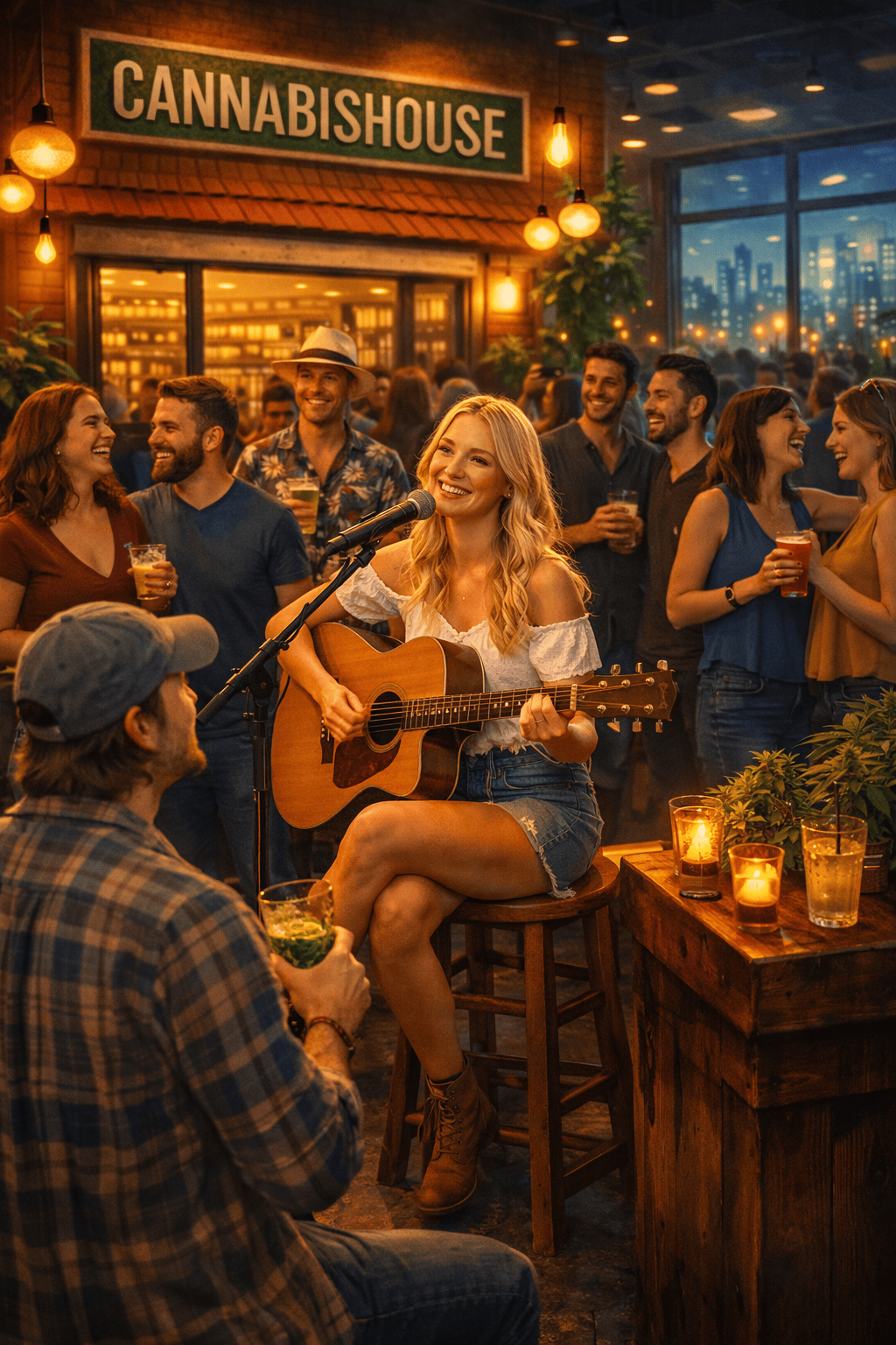 Female guitarist performing live in front of a packed Cannabis House cannabis party in Los Angeles celebrating local music and cannabis culture near USC