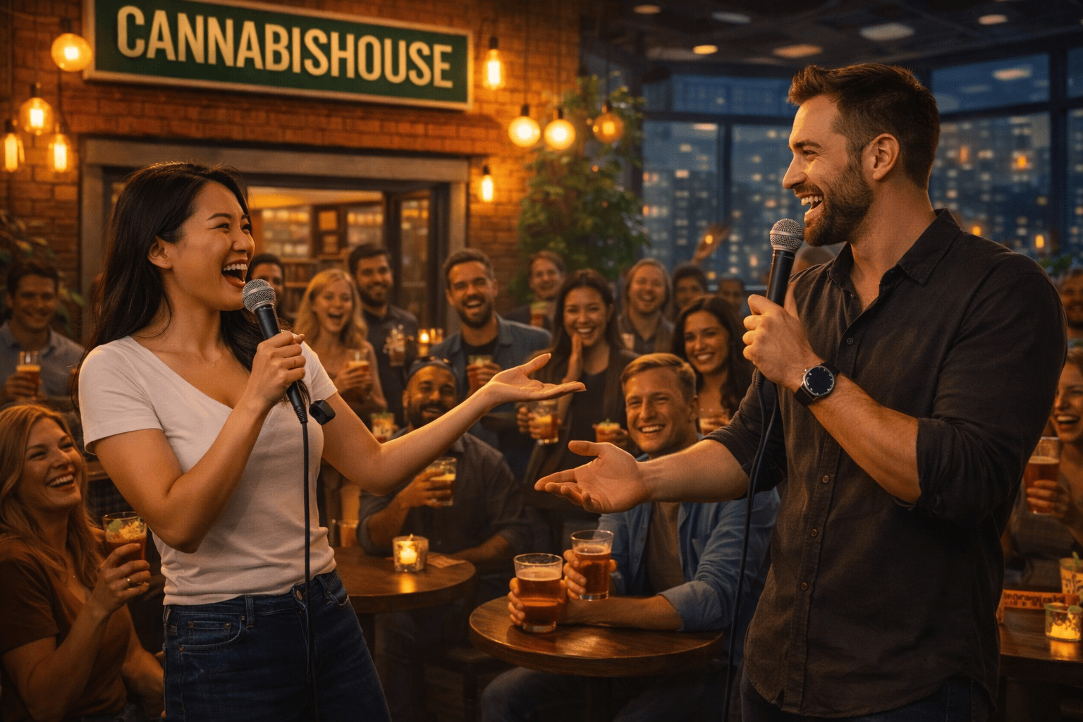 Two comedians squaring off in a live comedy battle at a packed Cannabis House cannabis party event in Los Angeles near USC
