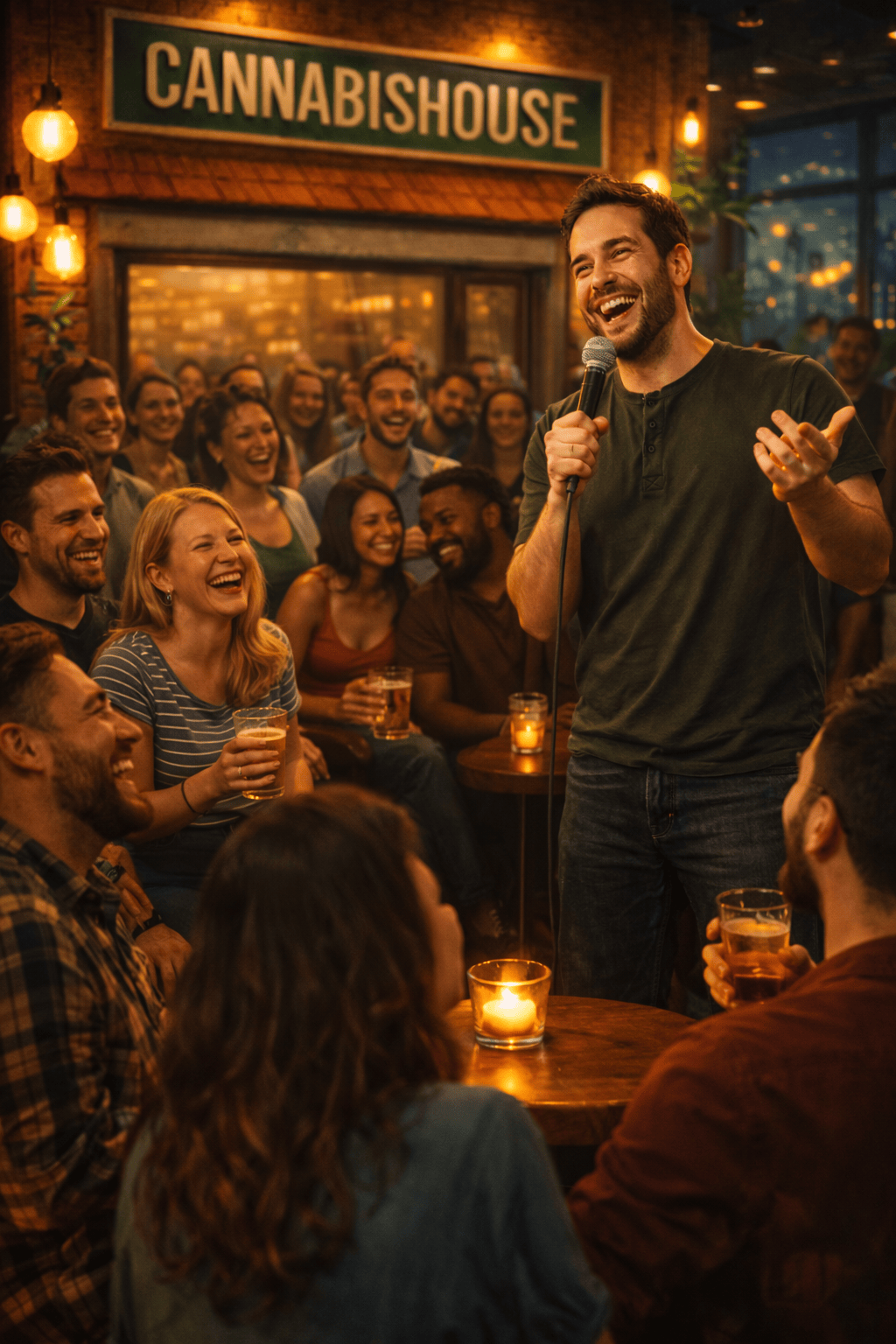 Local comedian performing live stand-up at a packed Cannabis House cannabis party in Los Angeles celebrating community and cannabis culture near USC