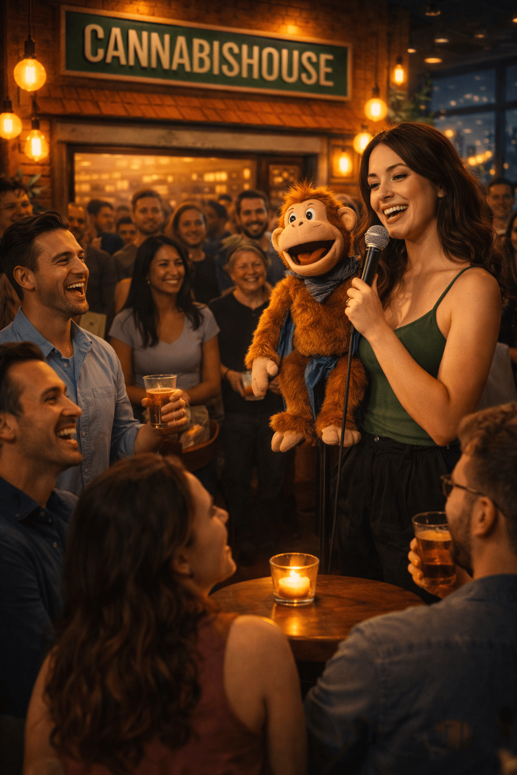 Female ventriloquist comedian performing live with her monkey puppet at a packed Cannabis House cannabis party in Los Angeles near USC
