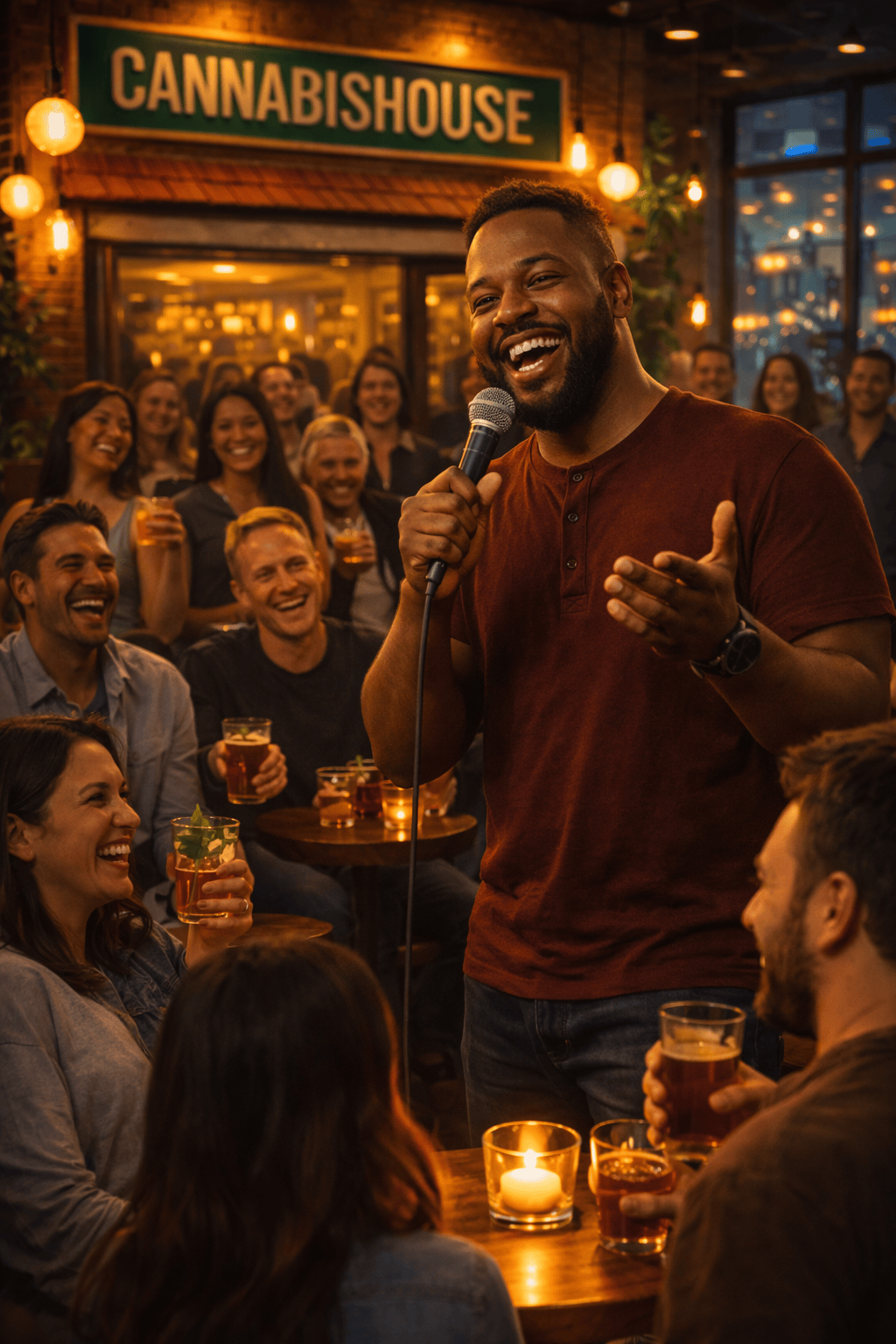 Live stand-up comedy night at a packed Cannabis House cannabis party in Los Angeles — bringing local comedy and cannabis culture together near USC