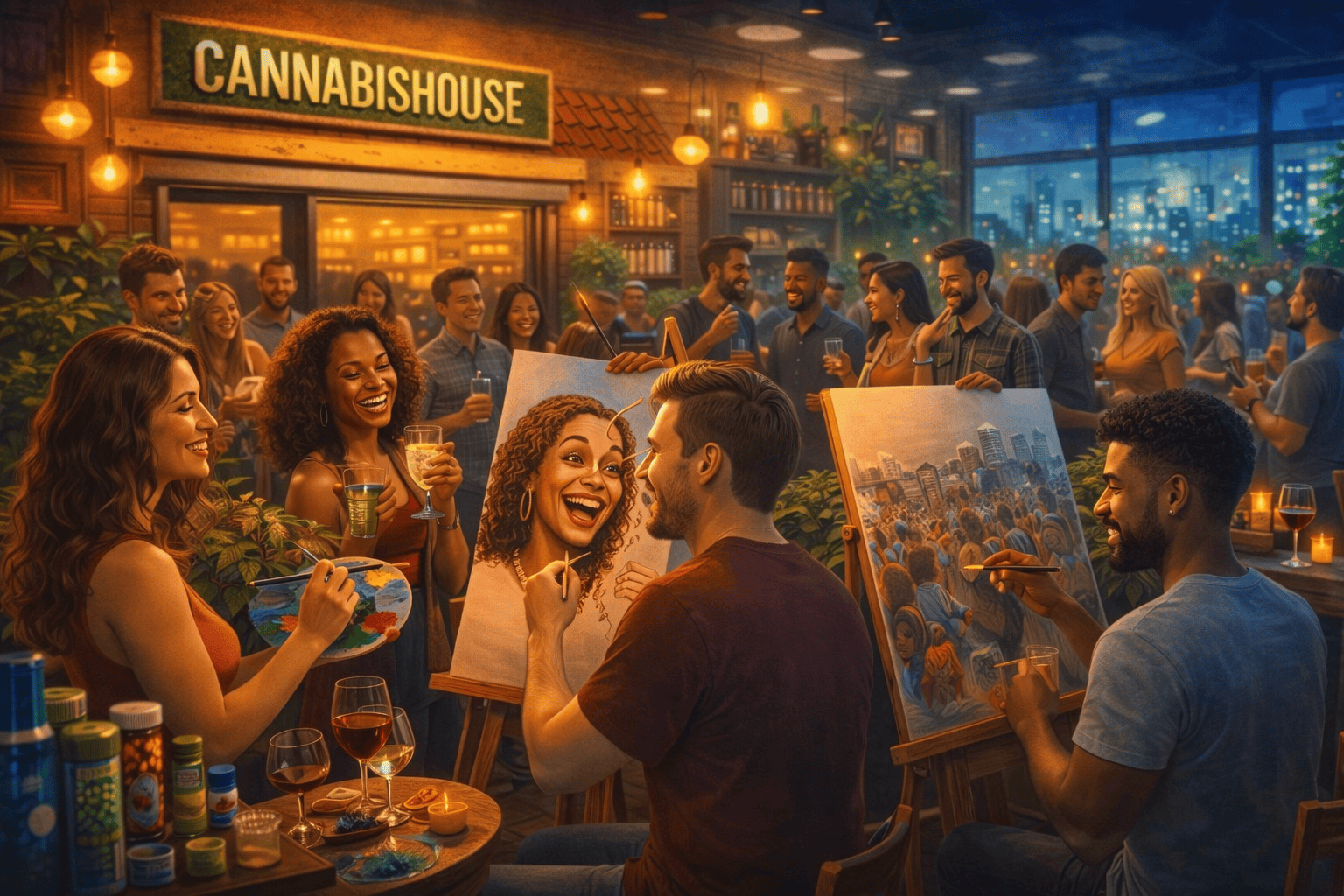 Three local artists painting live caricatures and a Los Angeles cityscape at a packed Cannabis House cannabis party celebrating art and community in Los Angeles