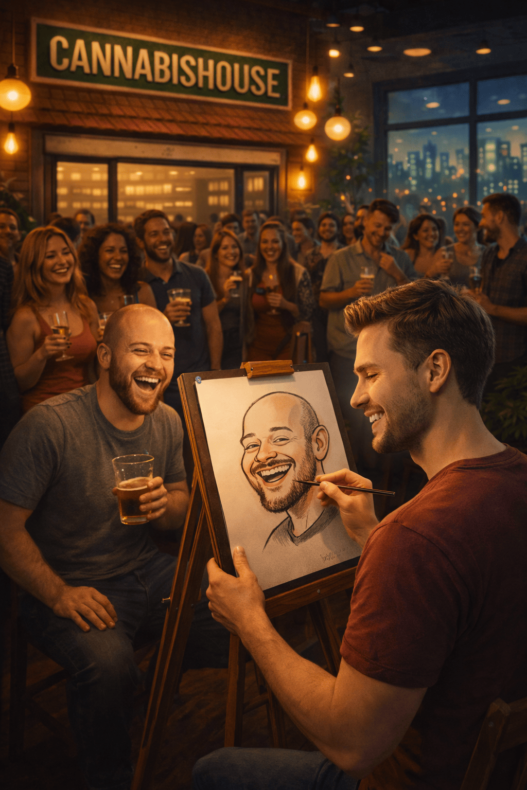 Male artist painting a live caricature of a Cannabis House partygoer celebrating local Los Angeles art and cannabis community events