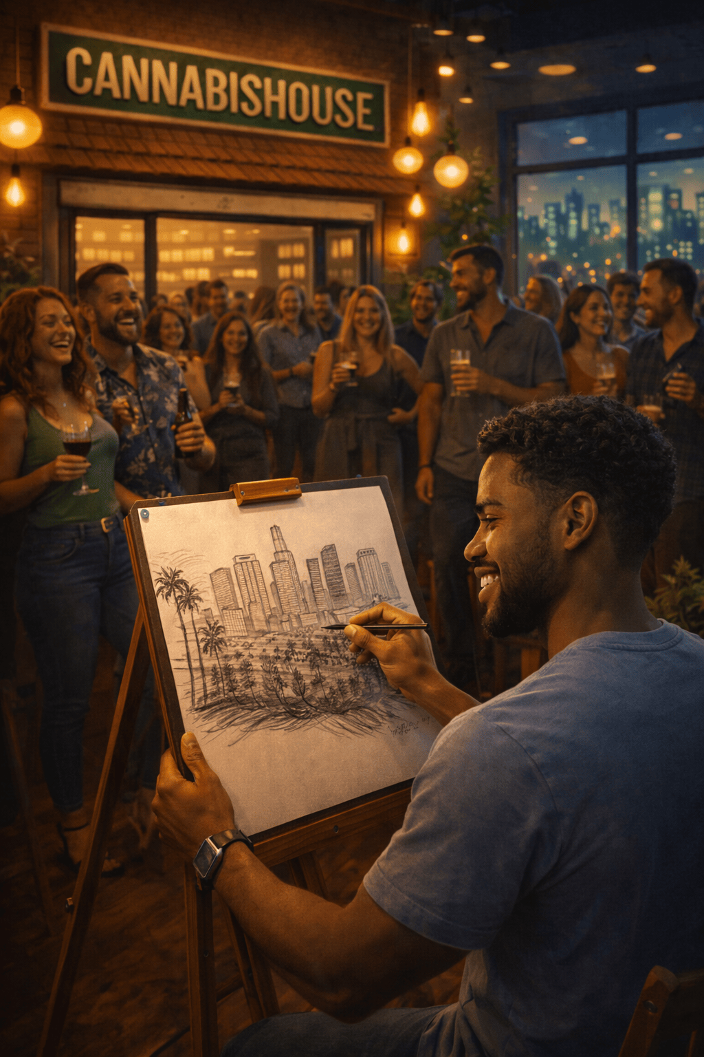 Male artist drawing a live Los Angeles cityscape at a Cannabis House cannabis party showcasing local art and community culture