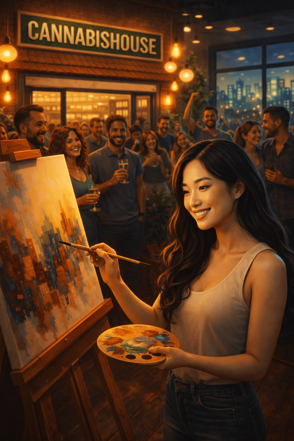 Female artist painting a live canvas at a Cannabis House cannabis party in Los Angeles celebrating local art and cannabis culture