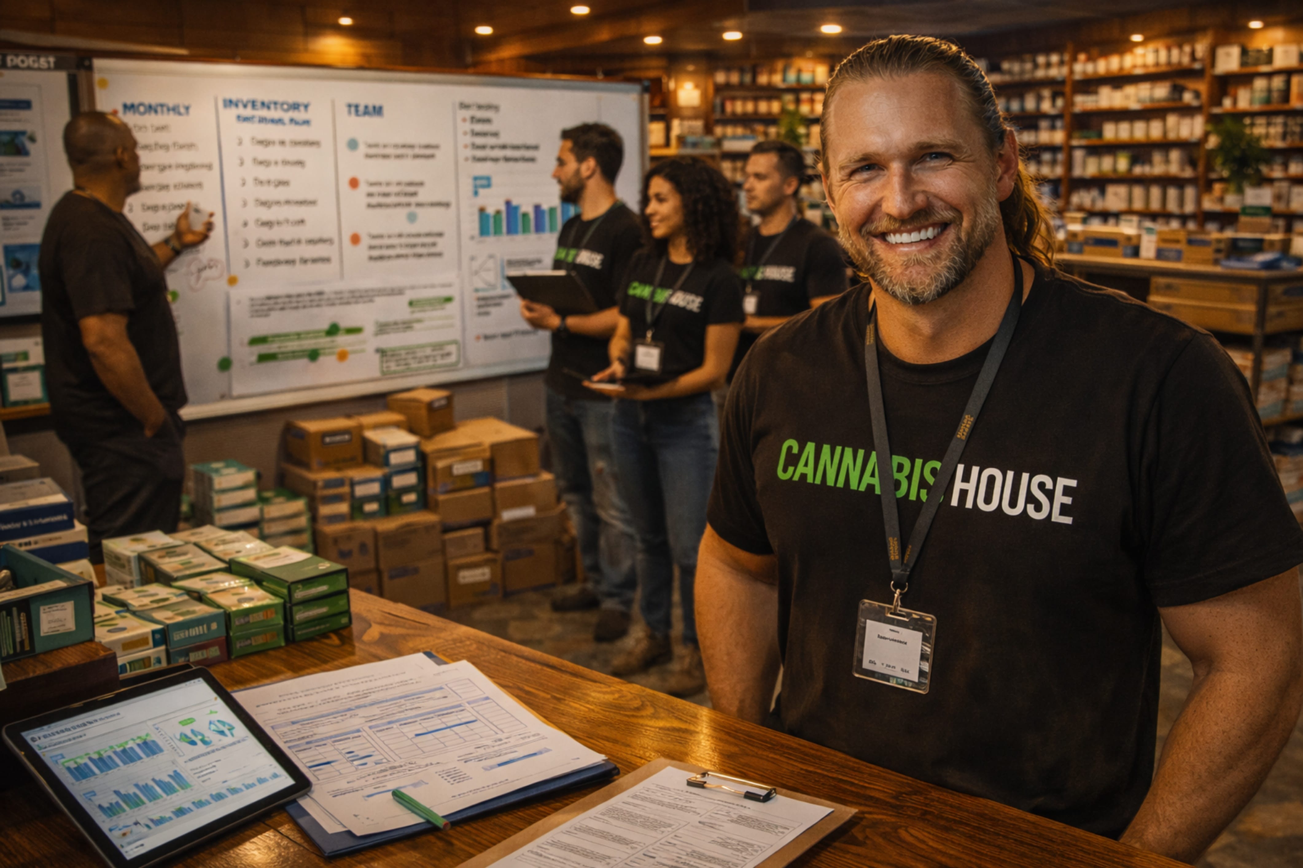 Cannabis House operator reviewing operational plans and market analysis at the counter — expert cannabis dispensary operations and business rescue in Los Angeles