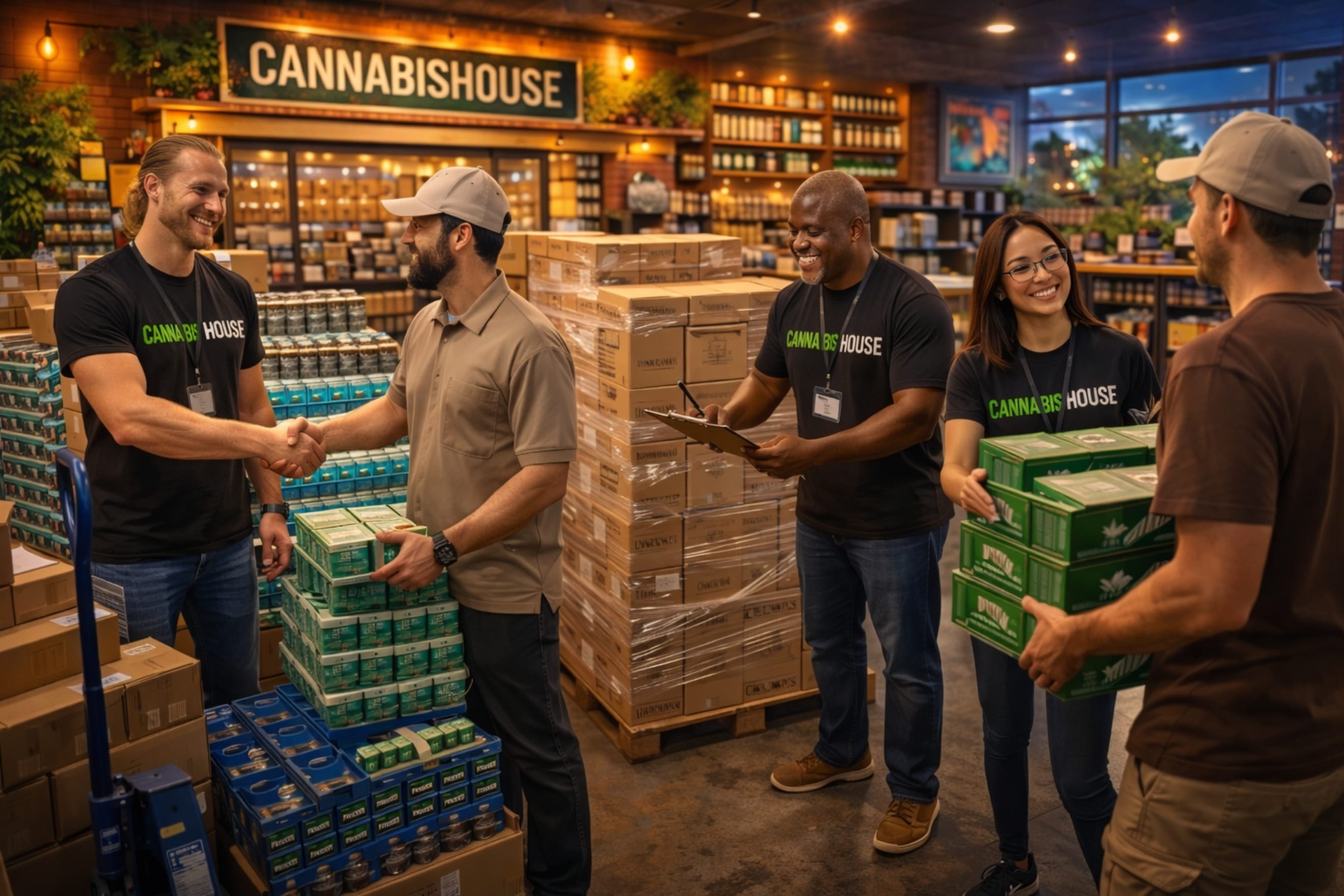 Large product delivery from distributors and vendors arriving at Cannabis House — one of the largest volume licensed cannabis dispensaries in Los Angeles near USC