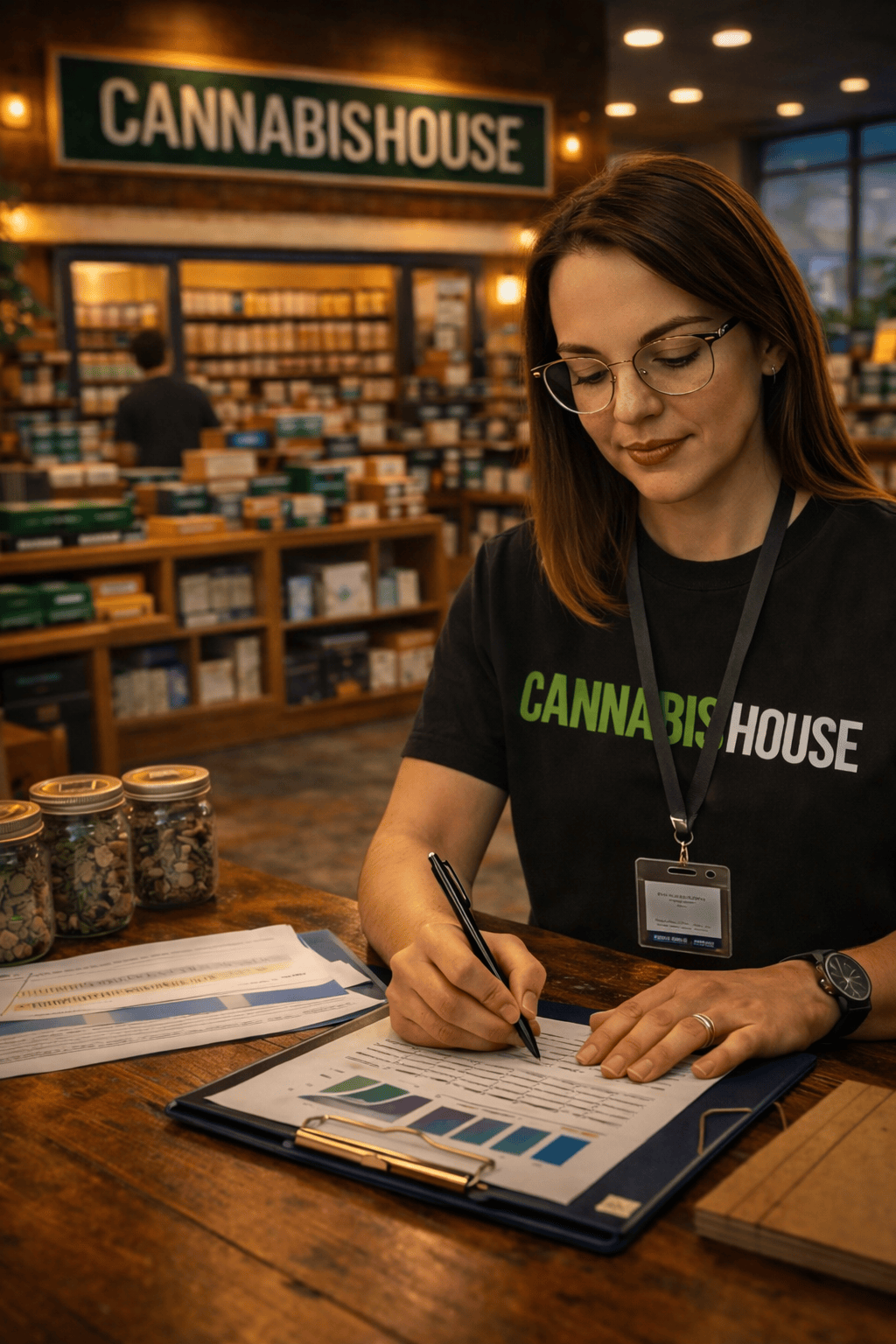 Female Cannabis House operator reviewing business development plans and market analysis — expert cannabis rescue and dispensary turnaround operations in Los Angeles
