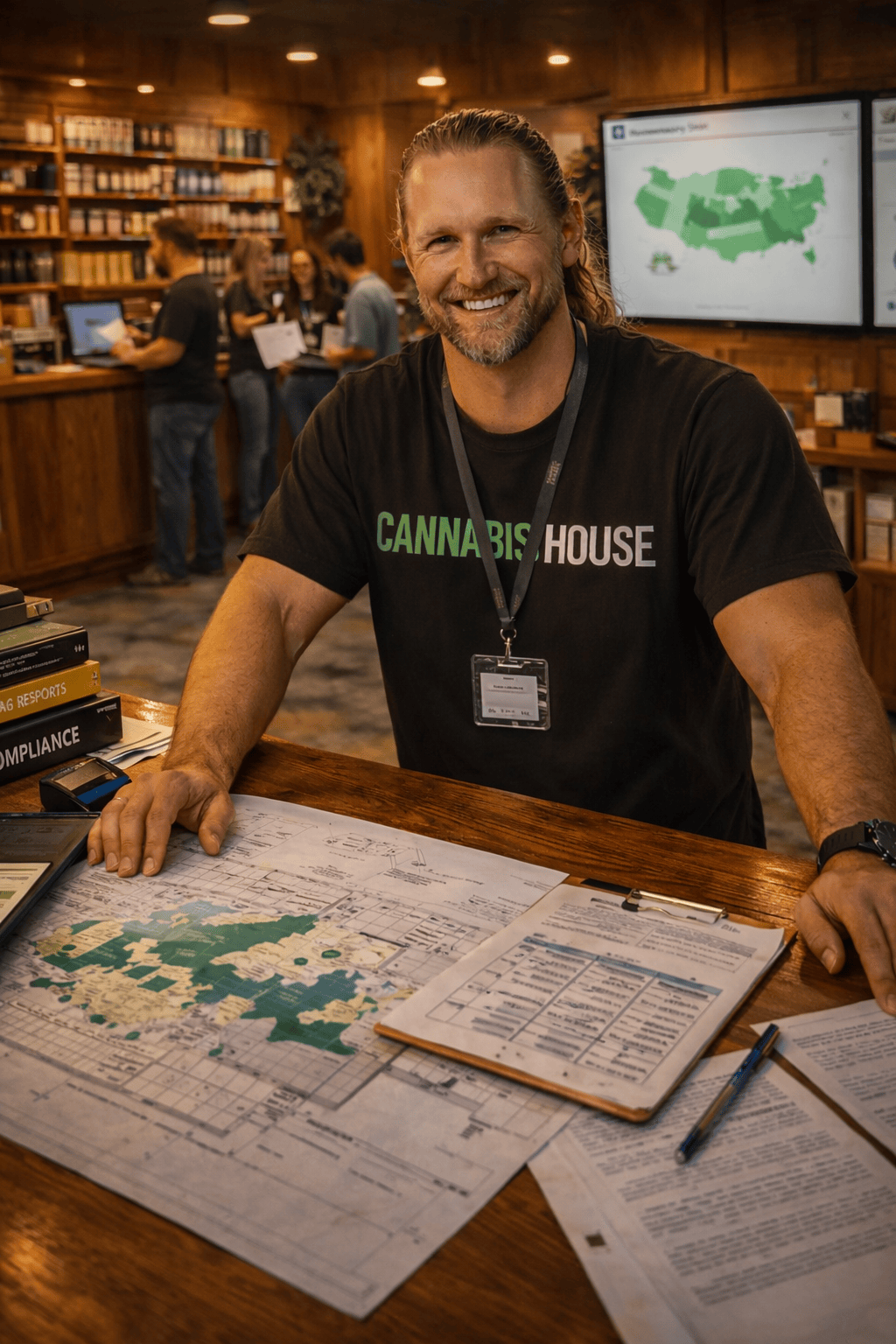 World class Cannabis House operator reviewing market analysis and business plans at the counter — expert cannabis rescue and turnaround operations in Los Angeles