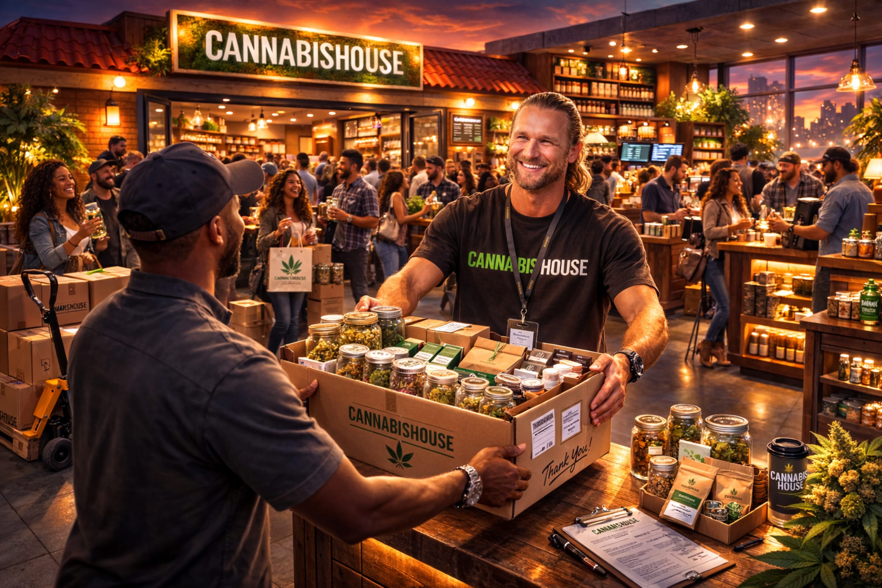 Cannabis House team processing a large incoming product order — a high volume licensed cannabis dispensary near USC serving Los Angeles customers daily