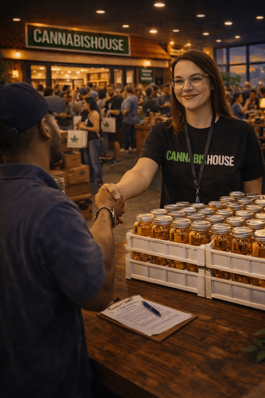 Cannabis House operator receiving a large delivery of cannabis distillate from a vendor — premium cannabis distribution at our licensed Los Angeles dispensary near USC