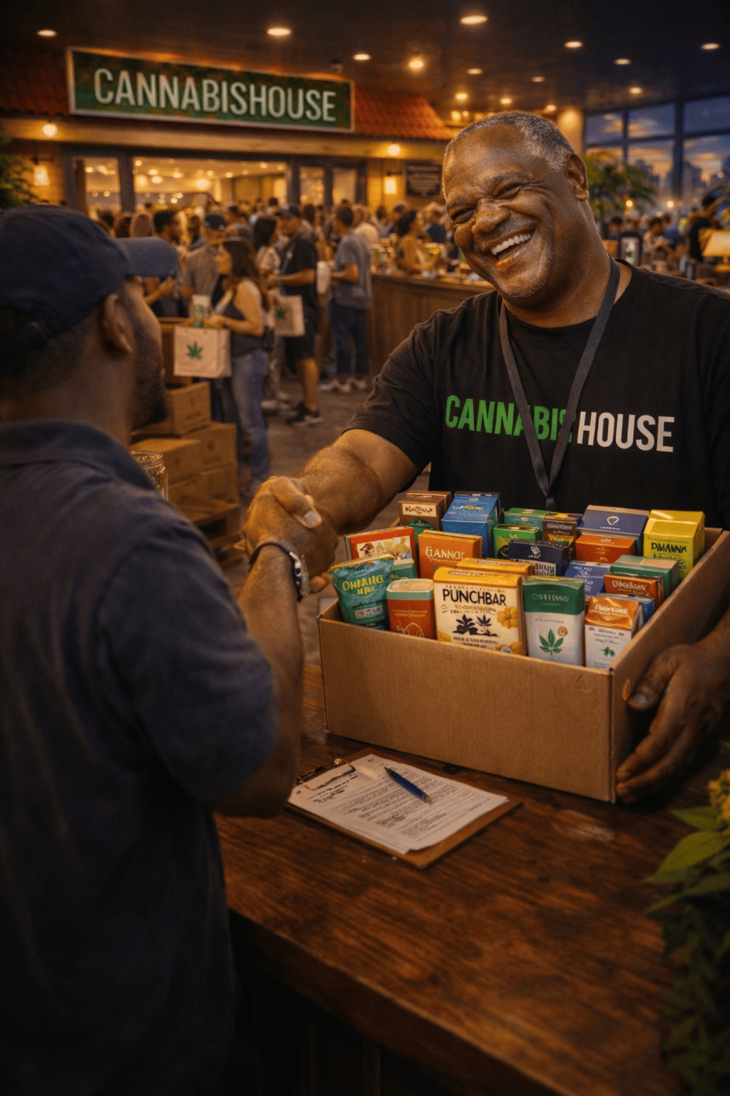 Cannabis House operator receiving a large vendor order at the counter — one of Los Angeles's largest volume licensed cannabis dispensaries near USC