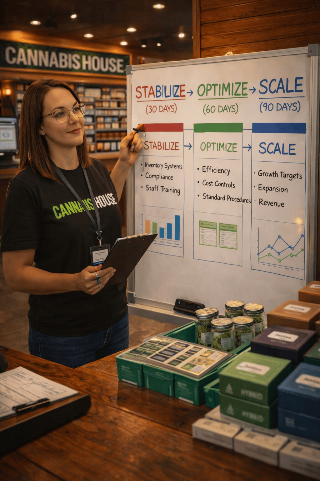 Cannabis House operator reviewing a 30-60-90 day business plan to stabilize, optimize, and scale a top performing licensed cannabis dispensary in Los Angeles