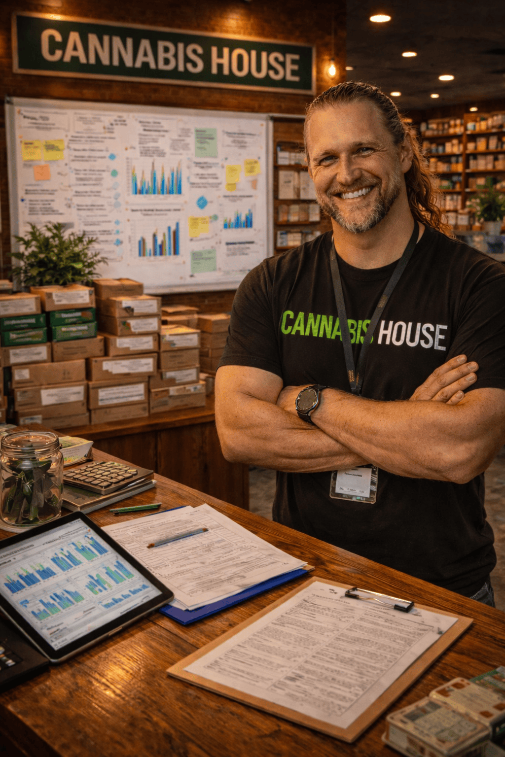 Accomplished Cannabis House operator reviewing business plans and market trends with a whiteboard strategy for stabilizing and scaling cannabis dispensary operations in Los Angeles