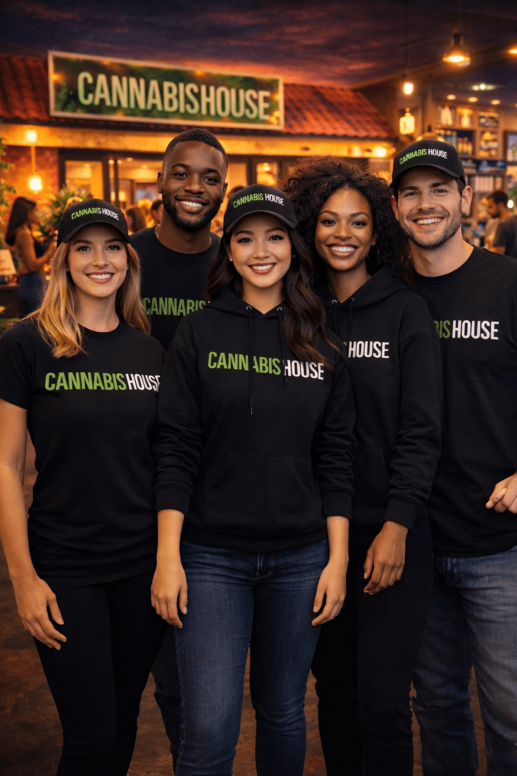 Happy Cannabis House cannabis consultants smiling together — join our team at a licensed dispensary near USC in Los Angeles