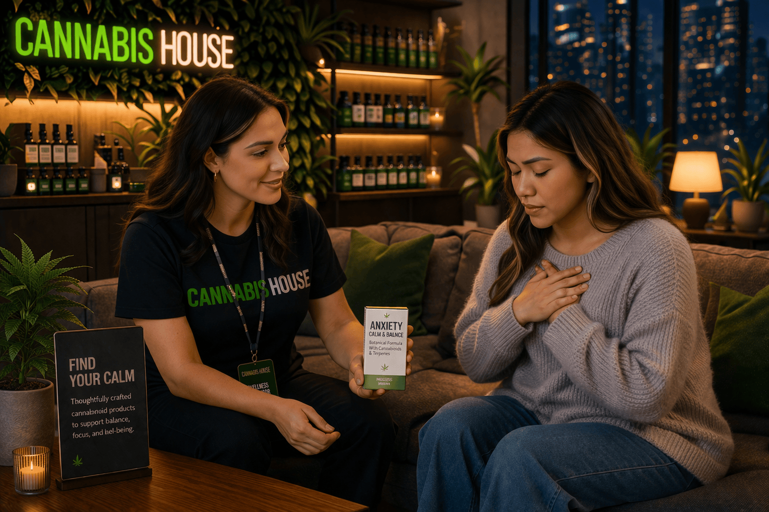 Cannabis House budtender consulting with a customer on cannabis products for anxiety support at our licensed dispensary near USC in Los Angeles