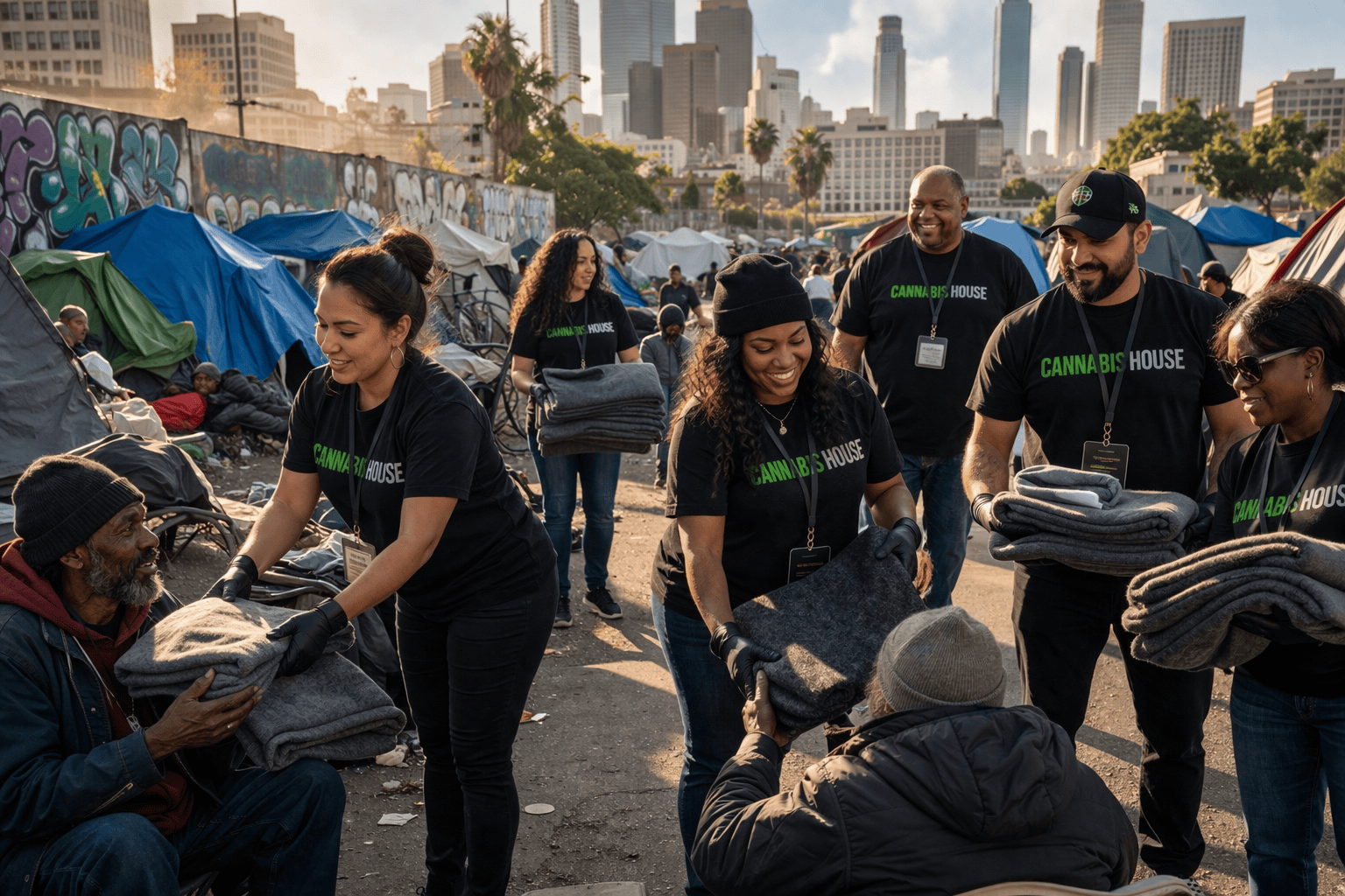 Cannabis House community volunteers participating in social equity programs and neighborhood improvement initiatives across Los Angeles