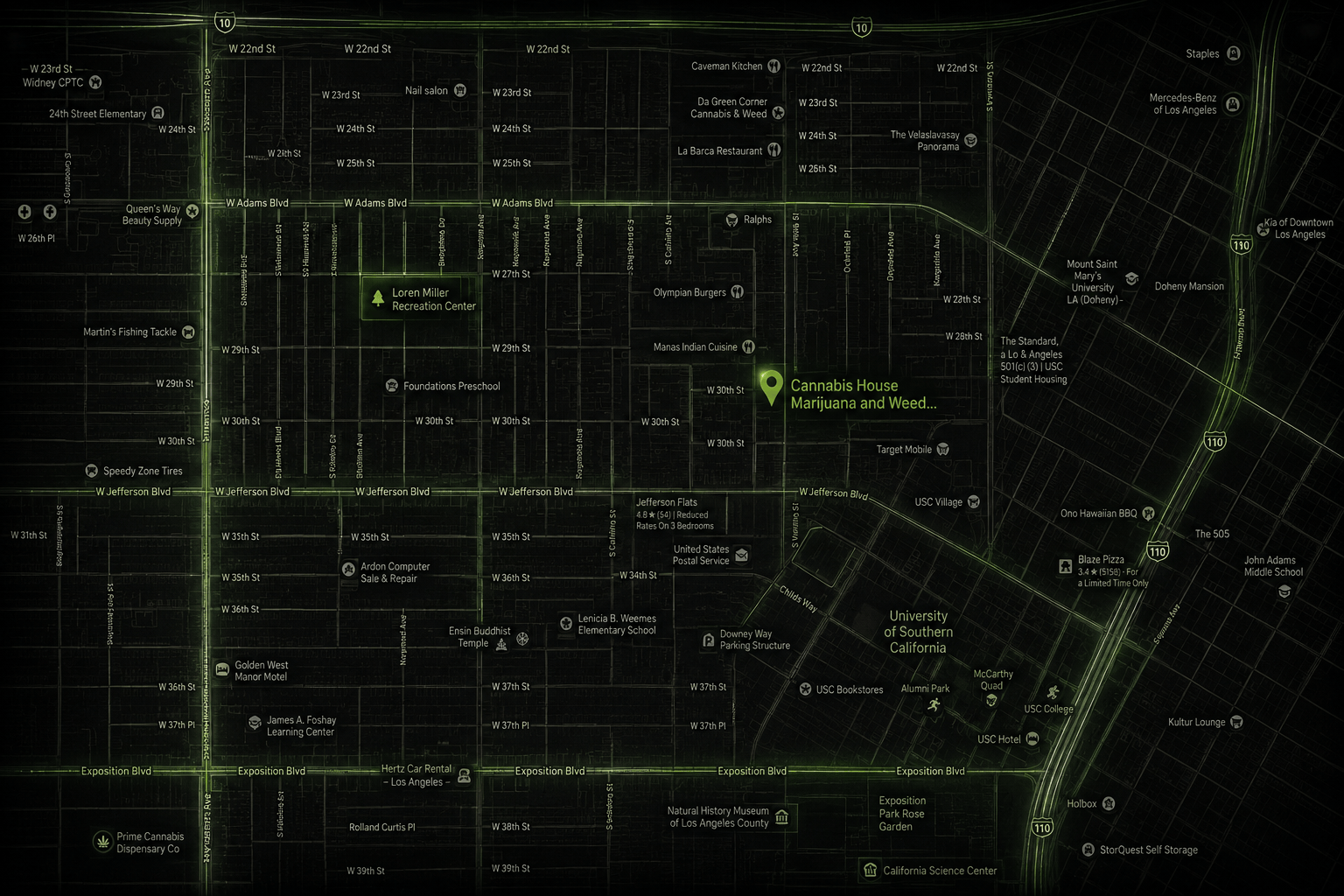 Cannabis House USC dispensary location map near the University of Southern California in Los Angeles, California, featuring the Cannabis House location and surrounding streets.