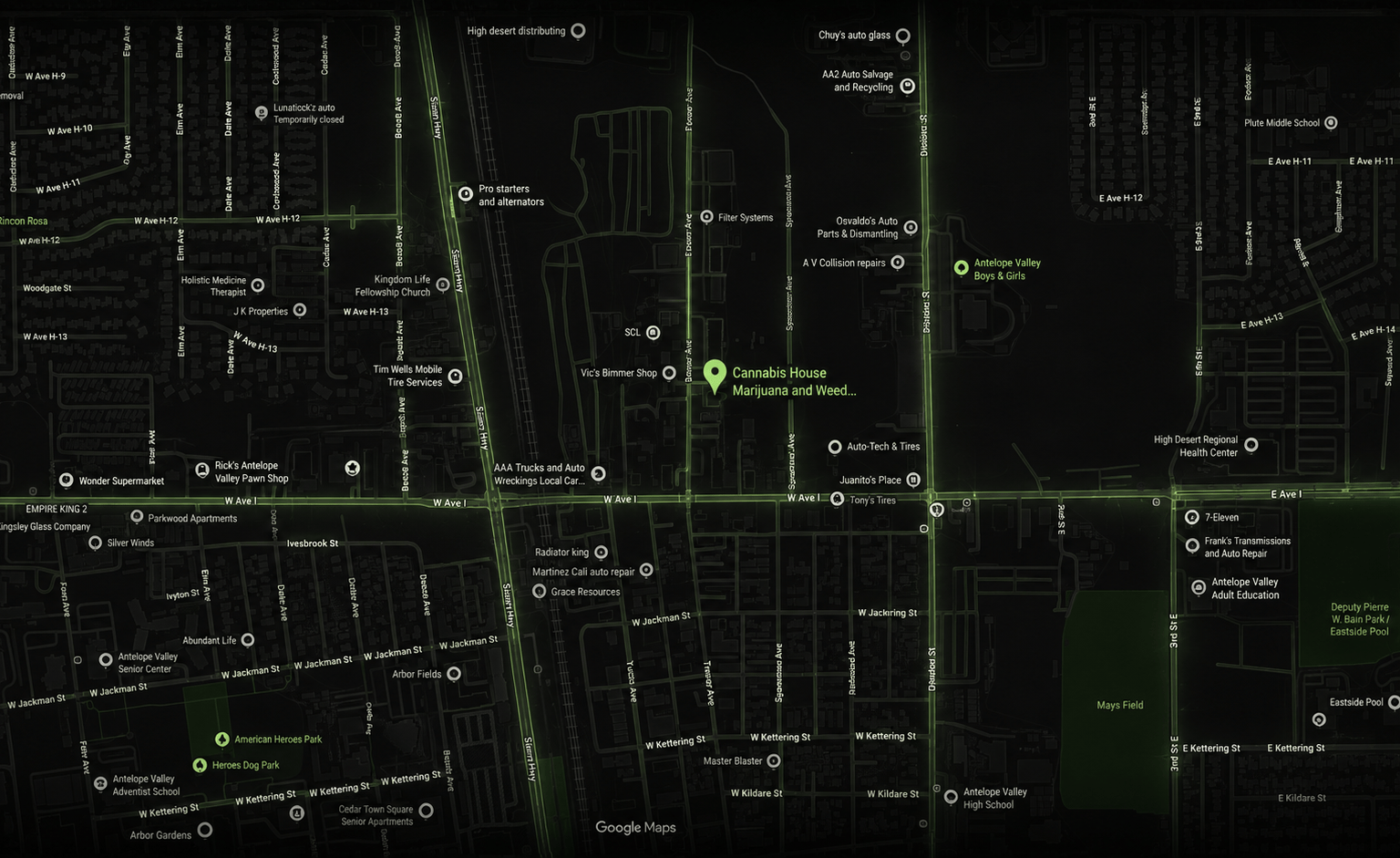 Cannabis House Lancaster dispensary location map in Lancaster, California, featuring the Cannabis House location and surrounding Antelope Valley streets and landmarks.