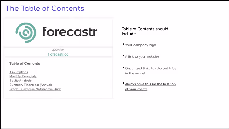 Screenshot: Financial model table of contents