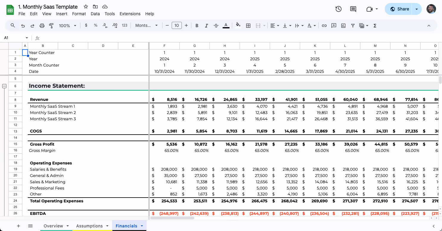 Screenshot of Forecastr's financial model template