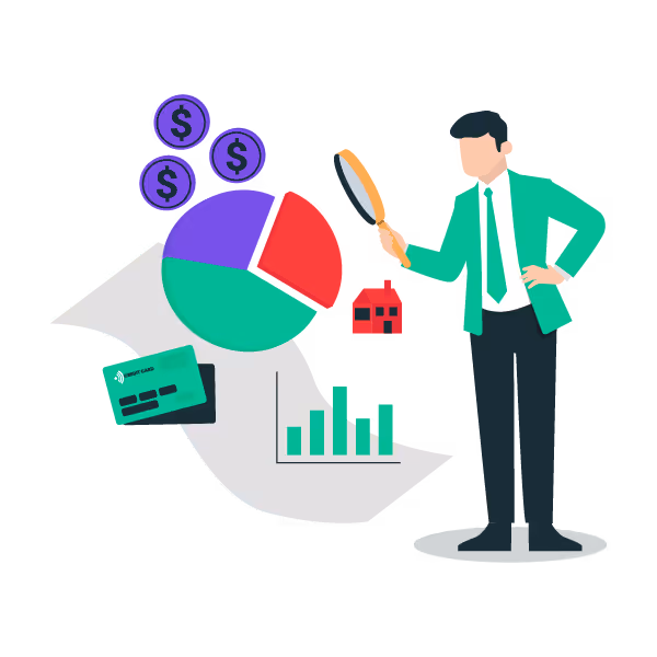Illustration: Founder inspecting expenses with a magnifying glass