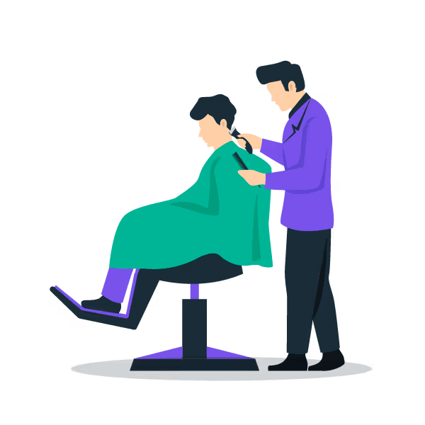 Illustration: A virtual CFO shown as a barber giving a haircut