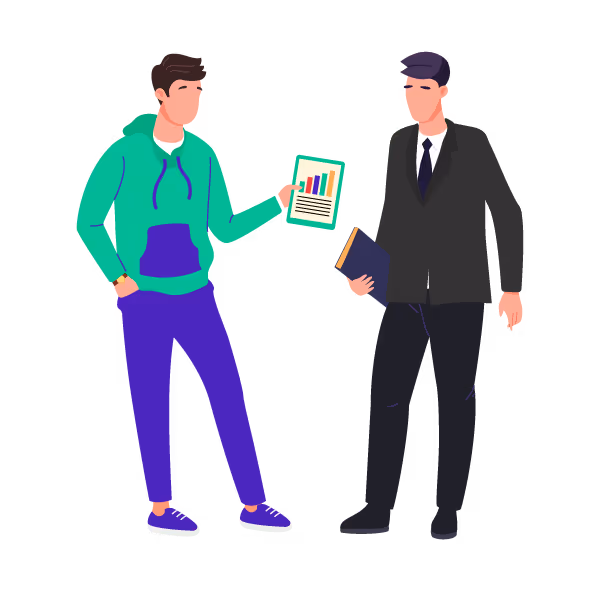 Illustration: Founder handing a financial model to an investor
