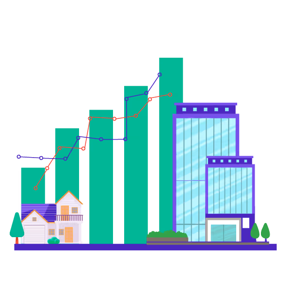 Illustration: Startup financial model growing from home to office building