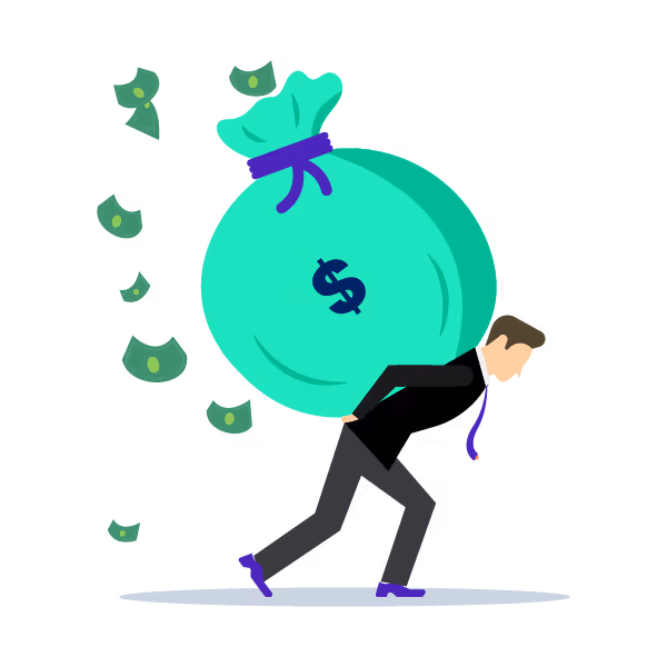 Illustration: CFO carrying huge money bag on back