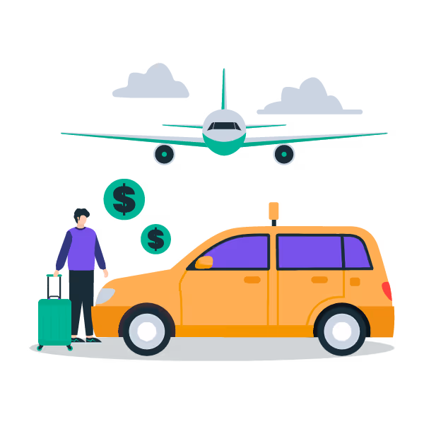 Illustration: Founder traveling with taxi and airplane
