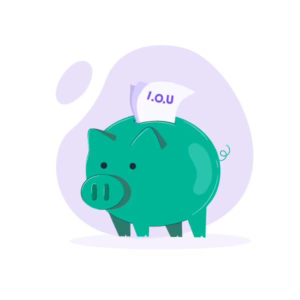 Illustration: Piggy bank with invoices as I.O.U. notes