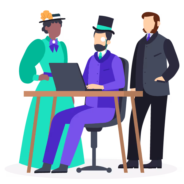Illustration: Historical characters viewing data on a laptop
