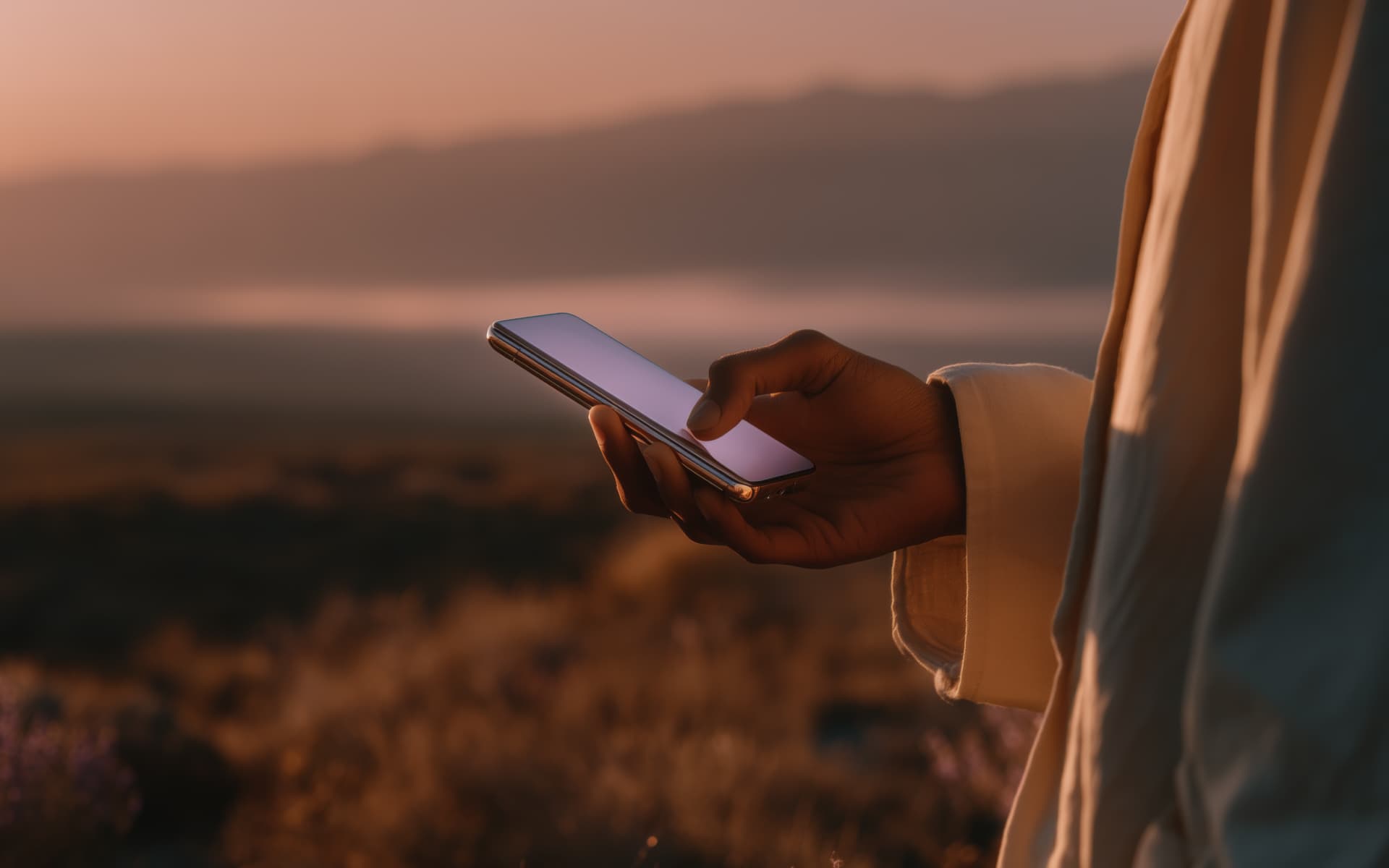 Person holding smartphone outdoors at sunset with blurred natural landscape background.