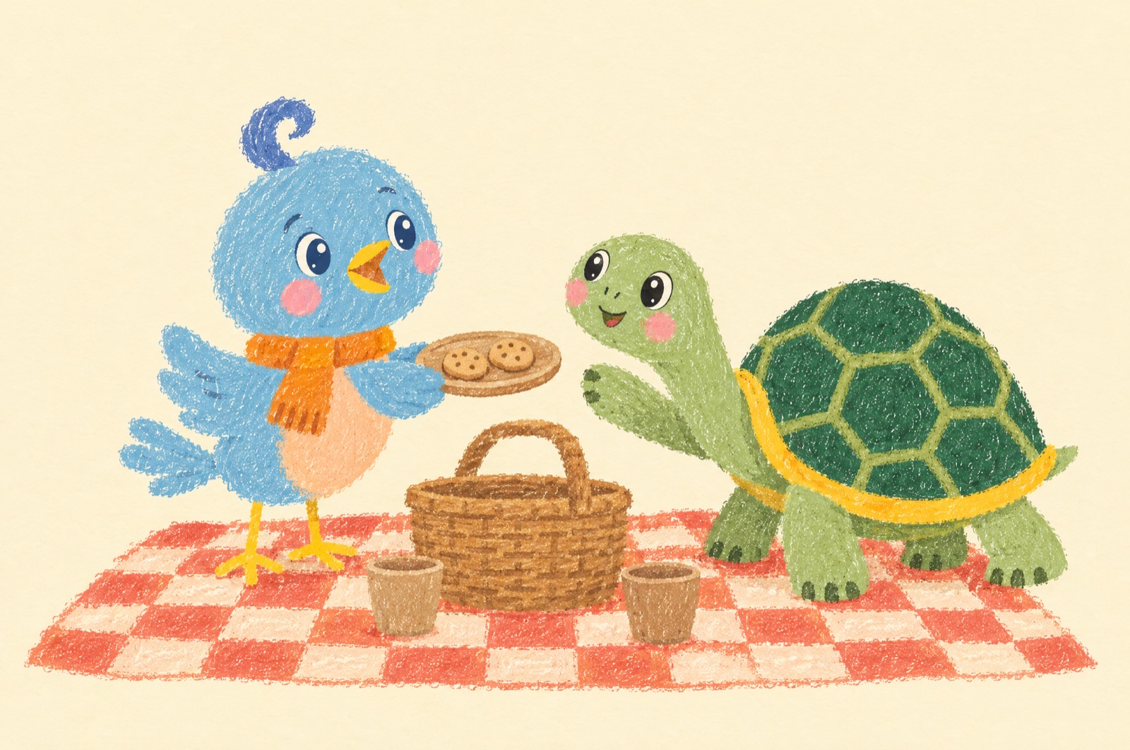Illustration of Pip the bluebird serving pretend cookies on a little plate to Tilly the tortoise at a picnic blanket, the two of them chatting as they play