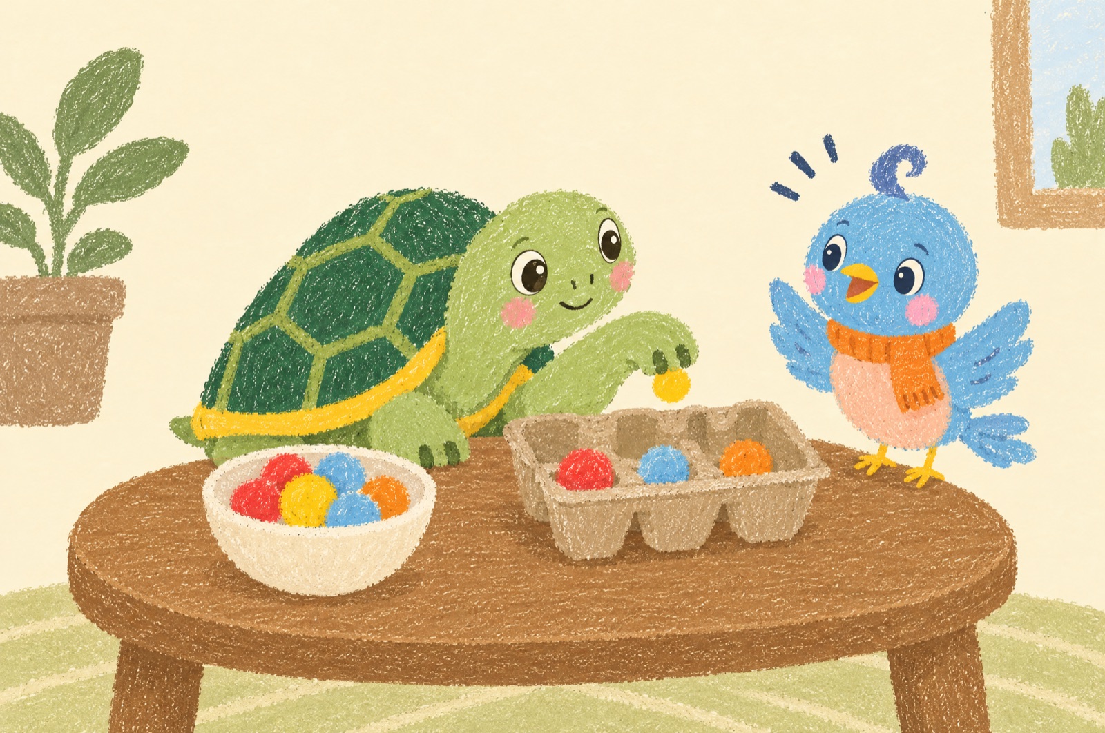 Illustration of Tilly the tortoise pinching a small pom-pom and dropping it into an egg carton while Pip the bluebird cheers her on