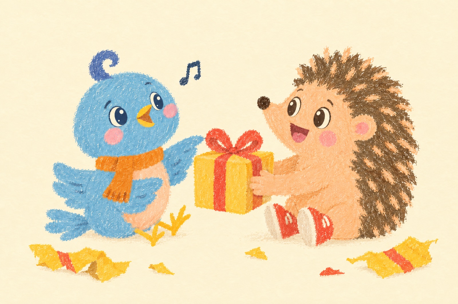 Illustration of Pip the bluebird and Rolo the hedgehog sitting face to face, taking turns with a wrapped yellow gift box