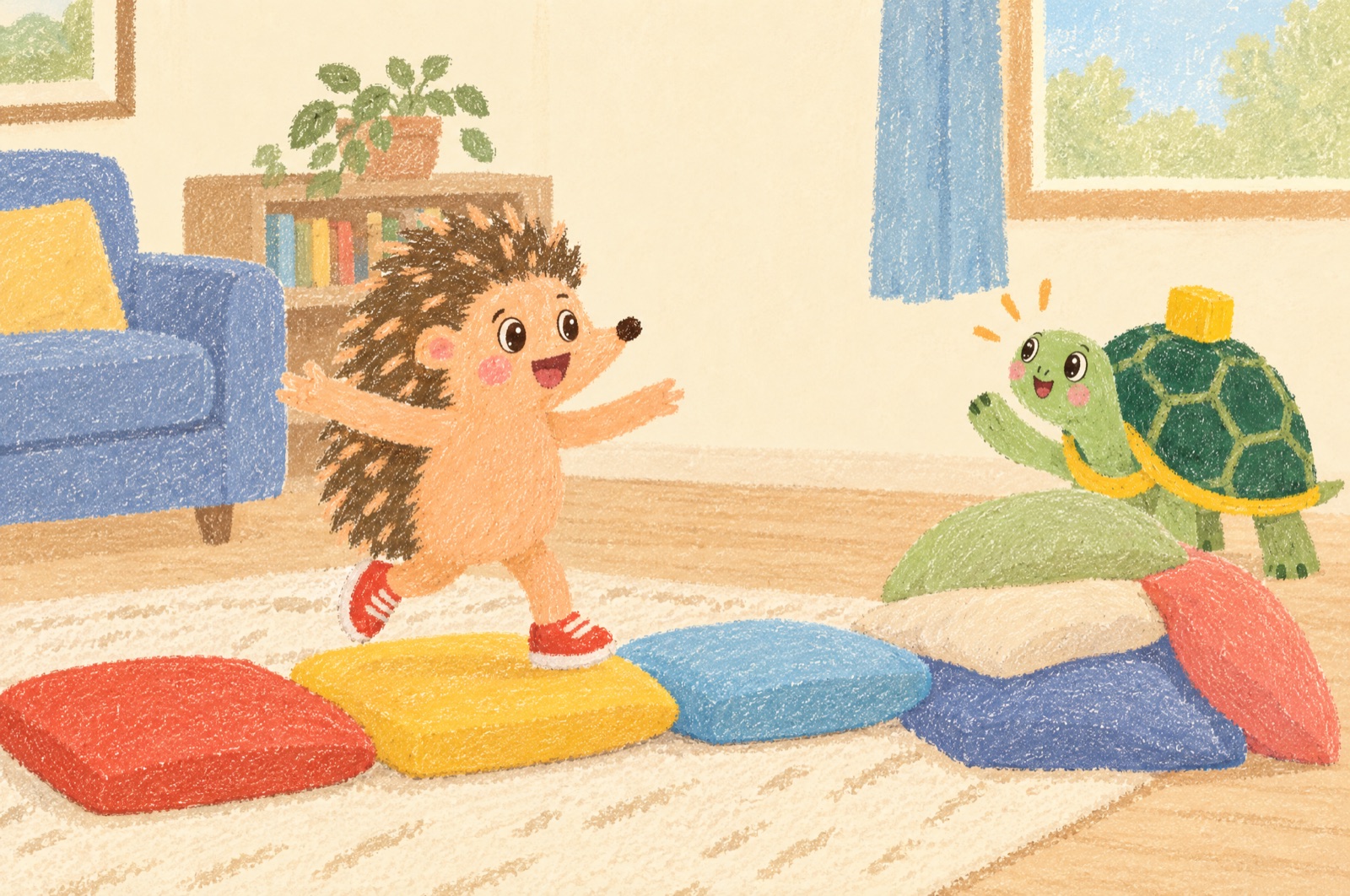 Illustration of Rolo the hedgehog balancing across a path of floor cushions in the living room while Tilly the tortoise cheers at the finish