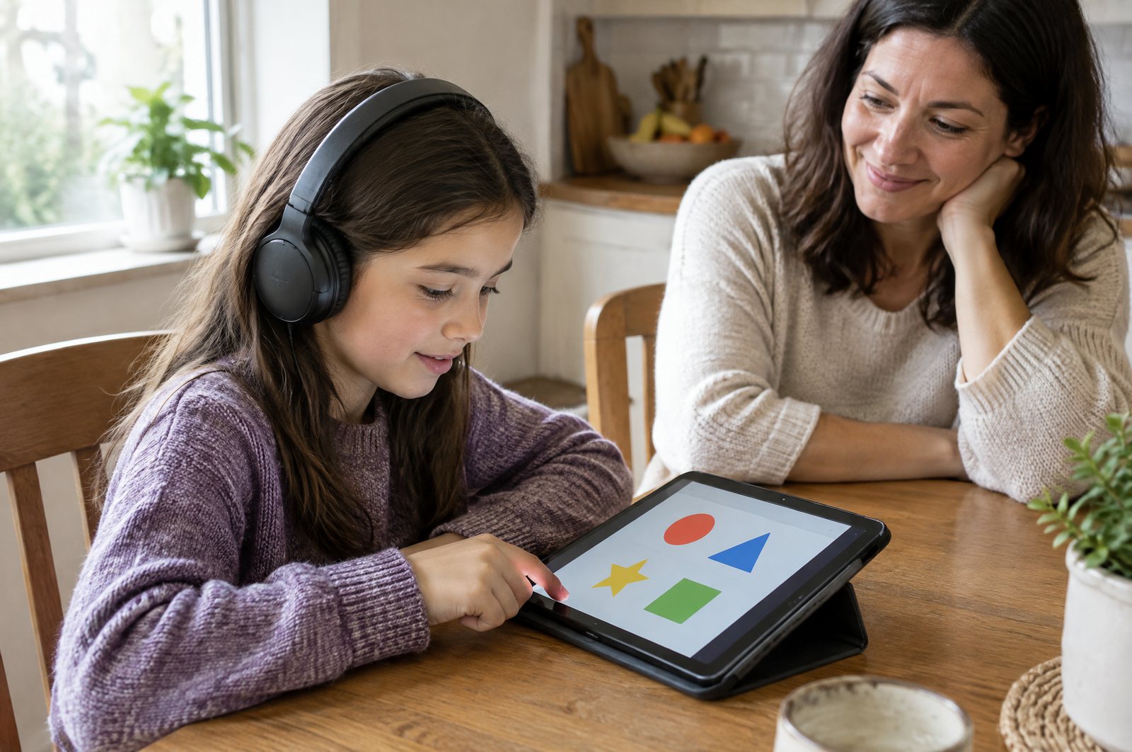 Child wearing headphones doing a listening game on a tablet while a parent watches