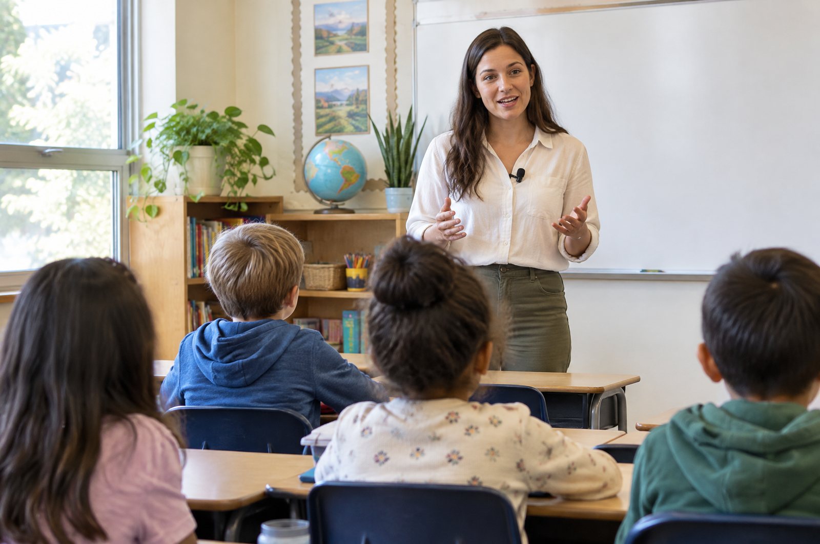 Teacher wearing a small clip-on microphone while giving directions to a class
