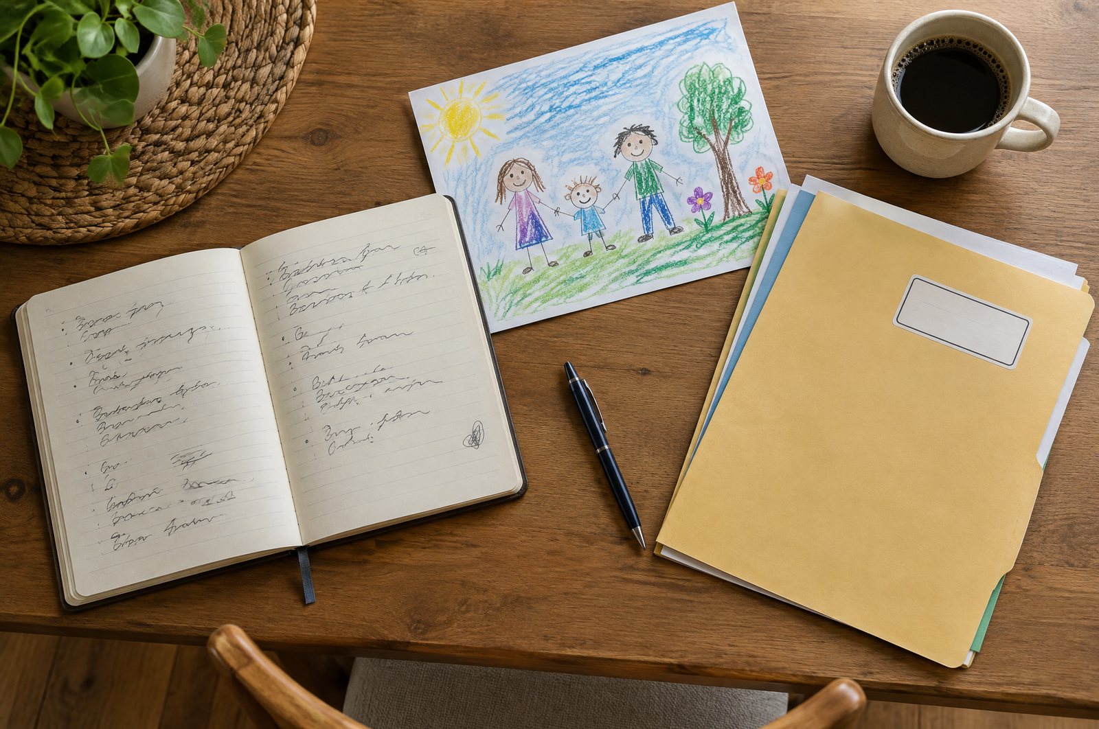 Notebook, school progress report, and a child's drawing laid out on a table before an appointment