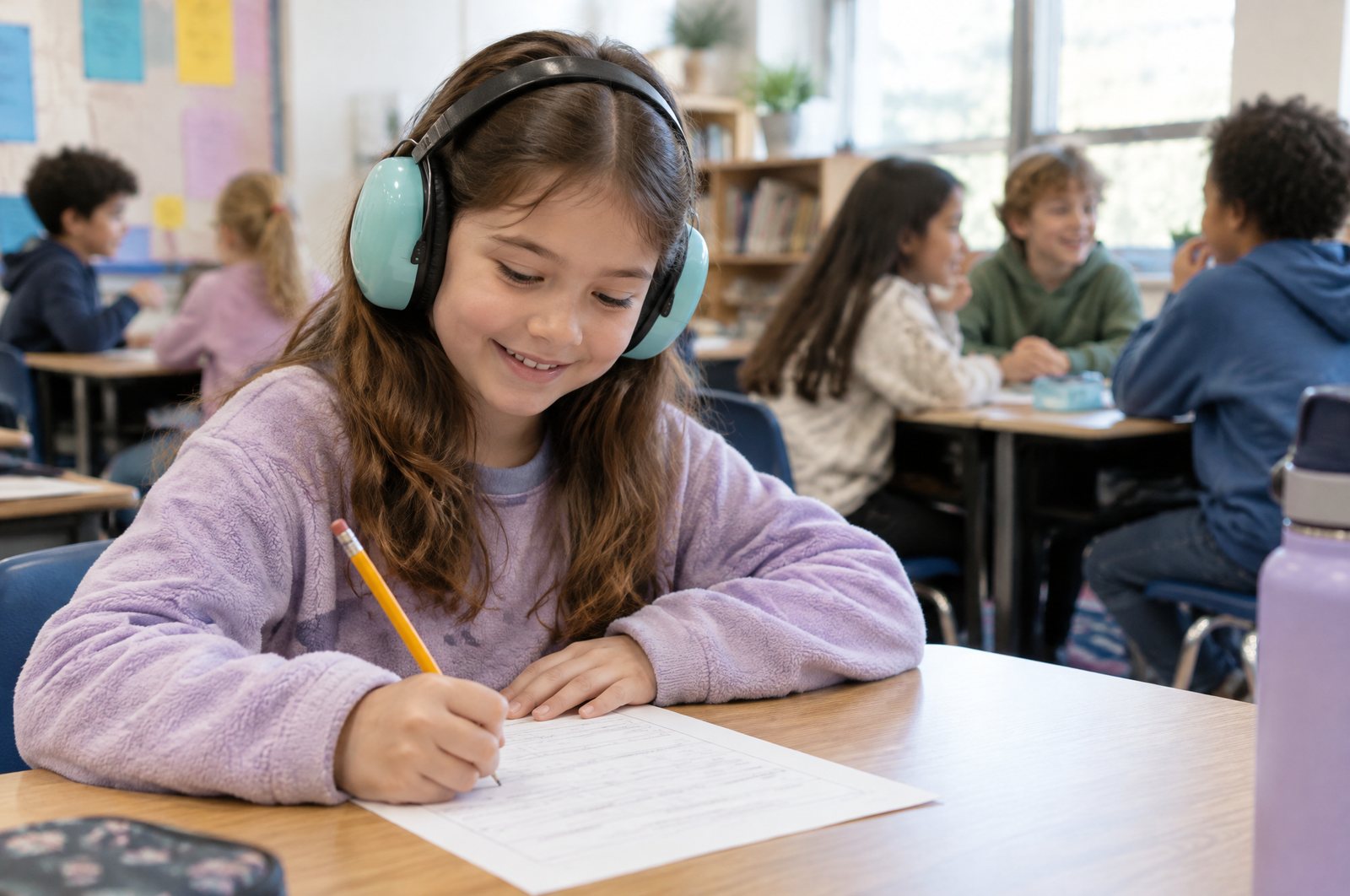 Student wearing noise-reducing earmuffs while working in a busy classroom