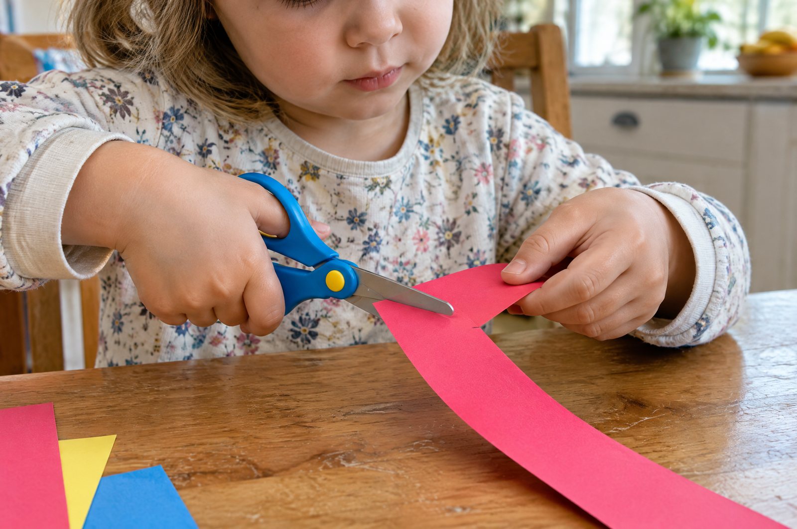 Preschooler cutting a paper strip with child safety scissors