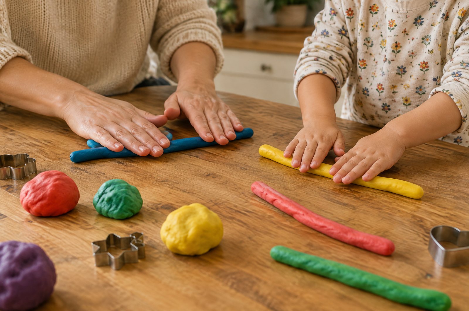 Parent and preschooler rolling play dough into worms at the kitchen table