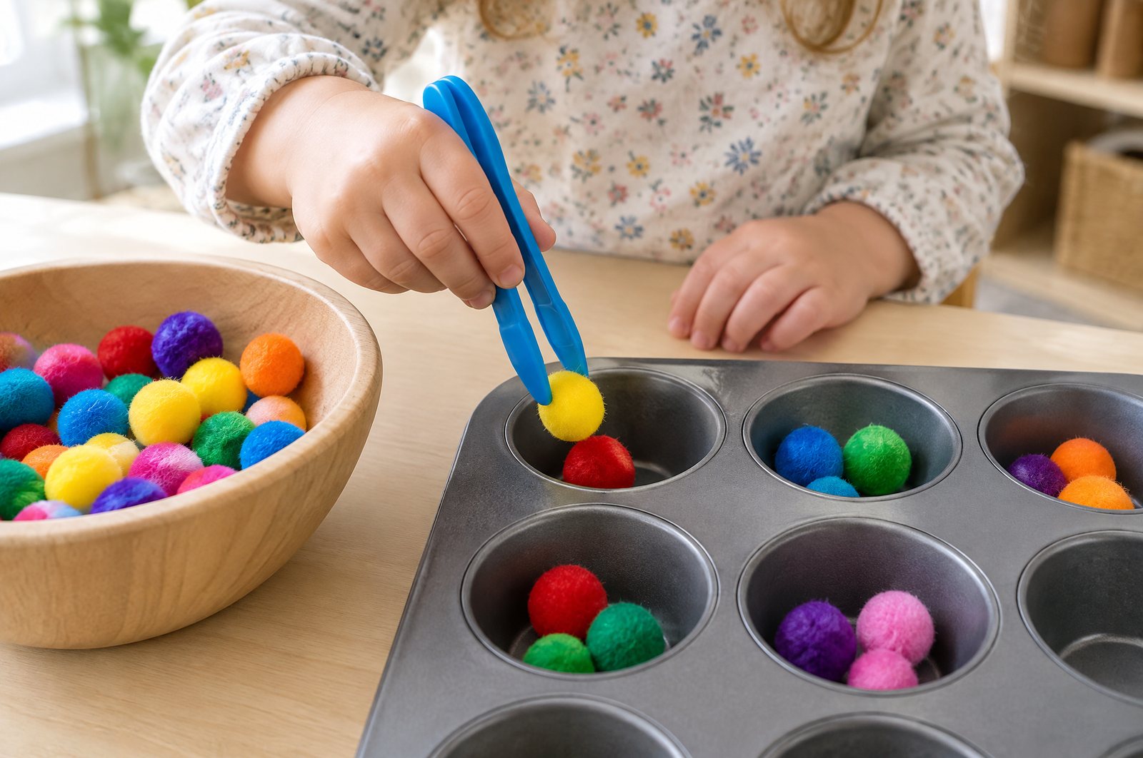 Preschooler using child-size tweezers to move pom-poms into a muffin tin