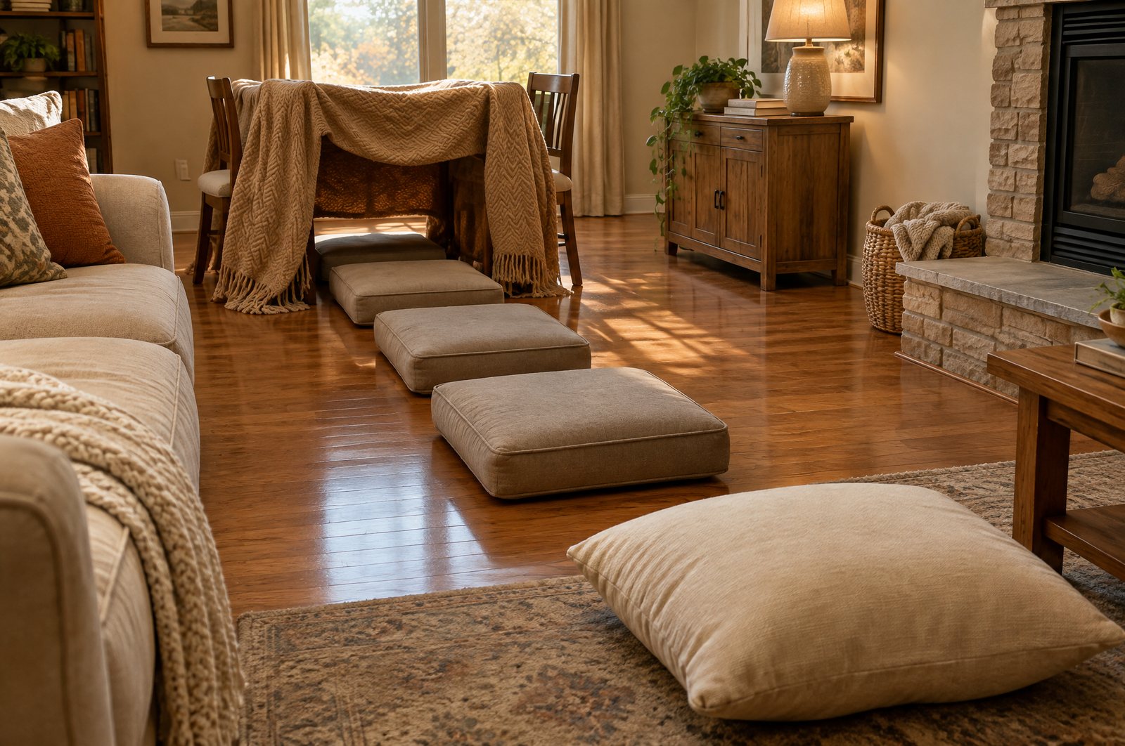 Couch-cushion obstacle course with a blanket tunnel set up in a living room
