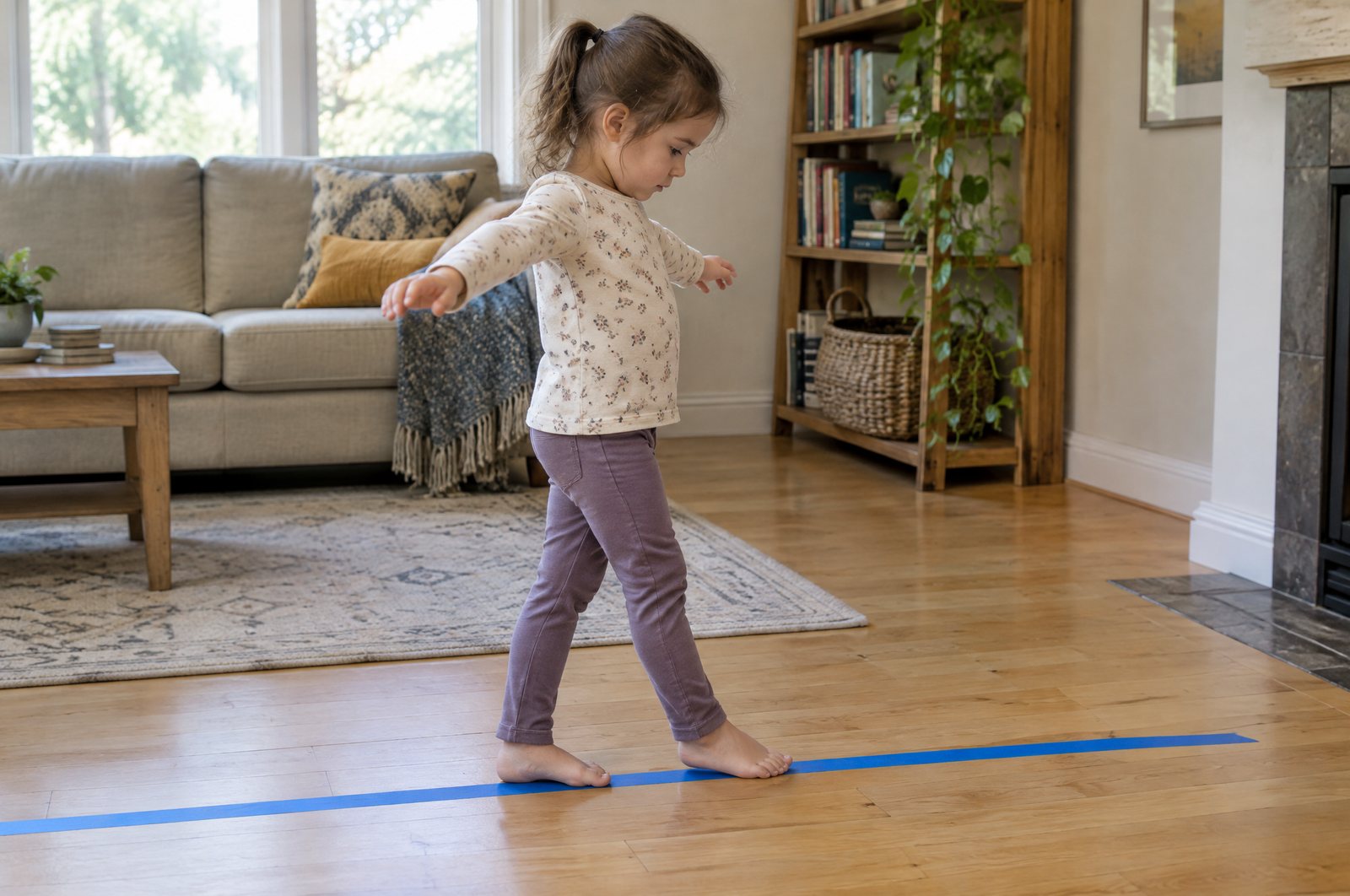 Preschooler walking heel to toe along a painter's tape line